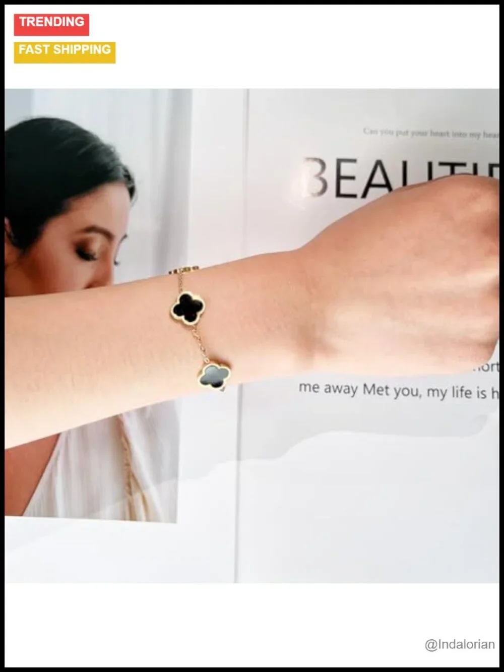 18K Gold Plated Four Leaf Clover Link Bracelet Stainless Steel Adjustable Lucky